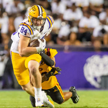 Mac Markway 84 runs the ball as the LSU Tigers take on Grambling State at Tiger Stadium in Baton Rouge, Louisiana, Saturday, Sept. 9, 2023.