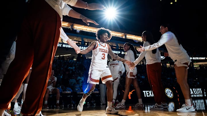 Texas Longhorns guard Rori Harmon (3) is announced in the starting lineup ahead of Texas' NCAA Playoff Regional final game against the TCU Horned Frogs at Legacy Arena in Birmingham Alabama, March 31, 2025. Texas Longhorns guard Rori Harmon (3) is announced in the starting lineup ahead of Texas' NCAA Playoff Regional final game against the TCU Horned Frogs at Legacy Arena in Birmingham Alabama, March 31, 2025.