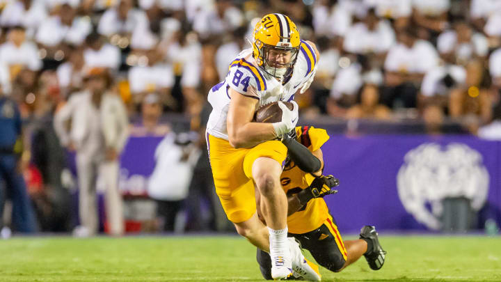 Mac Markway 84 runs the ball as the LSU Tigers take on Grambling State at Tiger Stadium in Baton Rouge, Louisiana, Saturday, Sept. 9, 2023.