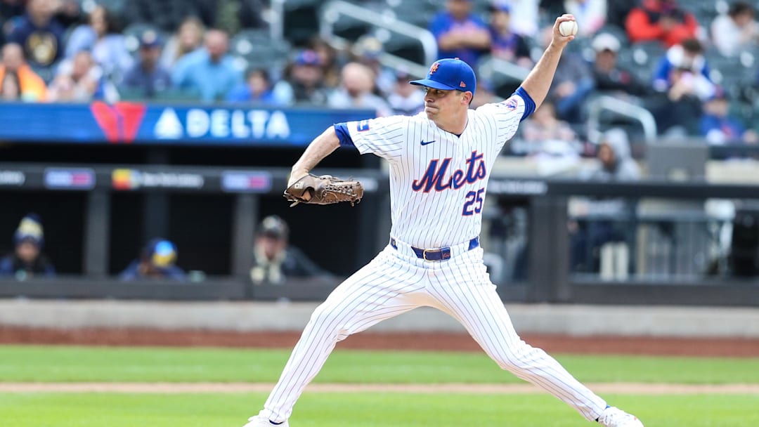 Mar 31, 2024; New York City, New York, USA;  New York Mets relief pitcher Brooks Raley (25) pitches in the ninth inning against the Milwaukee Brewers at Citi Field. Mandatory Credit: Wendell Cruz-Imagn Images