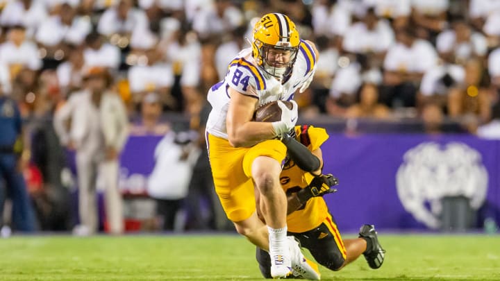 Mac Markway 84 runs the ball as the LSU Tigers take on Grambling State at Tiger Stadium in Baton Rouge, Louisiana, Saturday, Sept. 9, 2023.