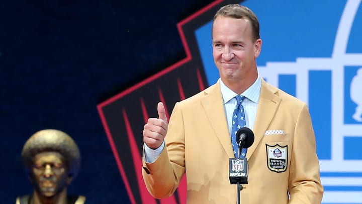 Peyton Manning was enshrined in the Pro Football Hall of Fame at Tom Benson Hall of Fame Stadium on Sunday, August 8, 2021. Manning was presented by father Archie Manning.