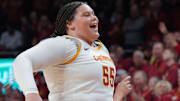 Iowa State Cyclones' center Audi Crooks (55) celebrates after winning 74-69 over Iowa in the NCAA women’s basketball Cy-Hawk Series on Dec. 10, 2025, at Hilton Coliseum in Ames, Iowa.