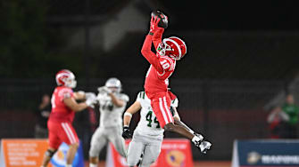 Mater Dei senior Marcus Harris goes up for a first-quarter catch in the 2024 CIF Open Division state championship game against De La Salle.
