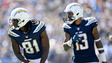 Los Angeles Chargers wideouts Mike Williams and Keenan Allen during a 2023 NFL matchup with the Los Angeles Rams