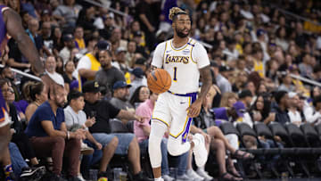 Oct 6, 2024; Palm Desert, California, USA; Los Angeles Lakers guard D'Angelo Russell (1) moves the ball against Phoenix Suns during the second half at Acrisure Arena. Mandatory Credit: David Frerker-Imagn Images