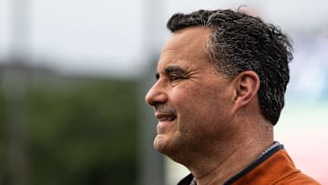 Texas Basketball coach Sean Miller watches warm-ups as the Longhorns prepare to take on the Auburn Tigers in the first game of a three-game series on Thursday night at UFCU Disch-Falk Field in Austin, April 17, 2025.