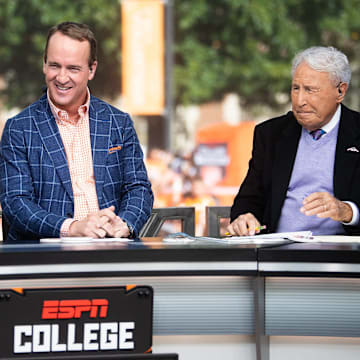 Peyton Manning during ESPN's College GameDay show held outside of Ayres Hall on the University of Tennessee campus in Knoxville, Tenn. on Saturday, Oct. 15, 2022. The college football pregame show returned to Knoxville for the second time this season for No. 8 Tennessee's SEC rivalry game against No. 1 Alabama.