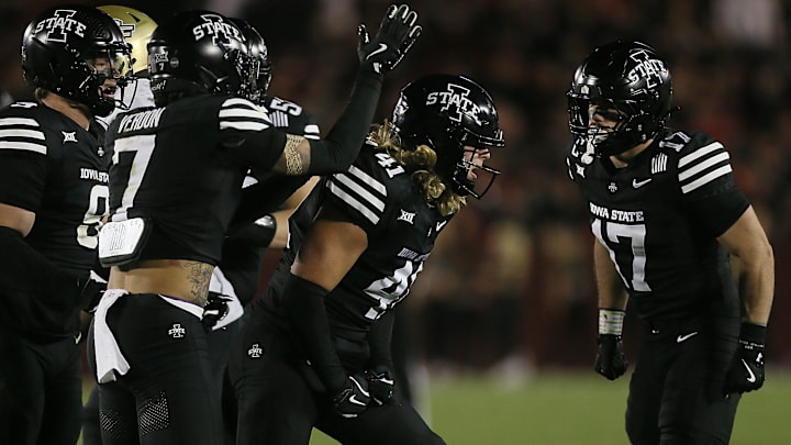 Iowa State Linebacker Rylan Barnes (41) celebrates with teammates after a tackle against UCF at Jack Trice Stadium in Ames on Oct. 19, 2024.
