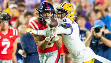 Cornerback PJ Woodland 11 breaks up a pass as the LSU Tigers take on the Ole Miss Rebels at Tiger Stadium in Baton Rouge, LA. Saturday, Oct. 12, 2024.Saturday, Oct. 12, 2024.