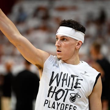 Apr 29, 2024; Miami, Florida, USA; Miami Heat guard Tyler Herro (14) warms up to play the Boston Celtics in game four of the first round for the 2024 NBA playoffs at Kaseya Center. Mandatory Credit: Michael Laughlin-Imagn Images