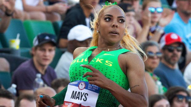 Oregon’s Jadyn Mays competes in the Women’s 100 Meter Dash on the opening day of the USATF Olympic Trials at Hayward Field.