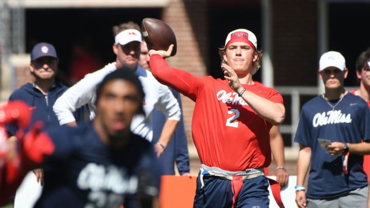 Ole Miss quarterback Jaxson Dart (2) passes during the Ole Miss Grove Bowl Games at Vaught-Hemingway Stadium in Oxford, Miss., on Saturday, Apr. 13, 2024.