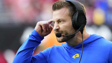 Los Angeles Rams head coach Sean McVay reacts during action against the Arizona Cardinals in the first half at State Farm Stadium.