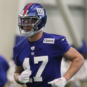 East Rutherford , NJ — May 10, 2024 -- Fourth round draft pick Theo Johnson as the NY Giants hold their Rookie Camp and introduce their new draft picks.