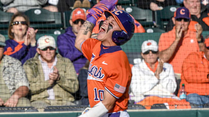 Clemson outfieler Cam Cannarella (10) scores against Wake Forest University during the bottom of the first inning at Doug Kingsmore Stadium in Clemson, S.C. Friday, March 21, 2025.
