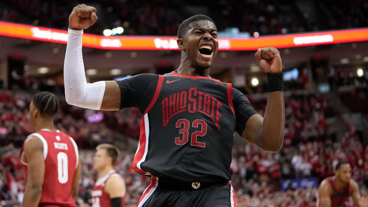 Ohio State Buckeyes forward E.J. Liddell (32) celebrates making a shot and getting fouled during the Ohio State's win over Wisconsin