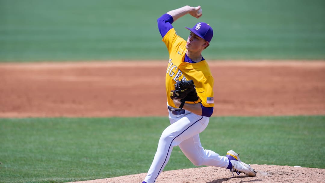 Tigers pitcher Gavin Guidry 1 on the mound as LSU takes on Mississippi State at Alex Box Stadium in Baton Rouge, LA. Sunday, May 14, 2023.