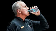 Tennessee Volunteers head coach Rick Barnes takes a drink of water Friday, March 28, 2025, during the NCAA Tournament Sweet 16 game at Lucas Oil Stadium in Indianapolis.