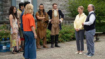 “Viking Wedding” – Ghosts. Pictured (L-R): Sheila Carrasco as Flower, Román Zaragoza as Sasappis, Brandon Scott Jones as Isaac, Kathryn Greenwood as Margaret Farnsby and Mark Linn-Baker as Henry Farnsby. Photo: Bertrand Calmeau/CBS ©2025 CBS Broadcasting, Inc. All Rights Reserved.