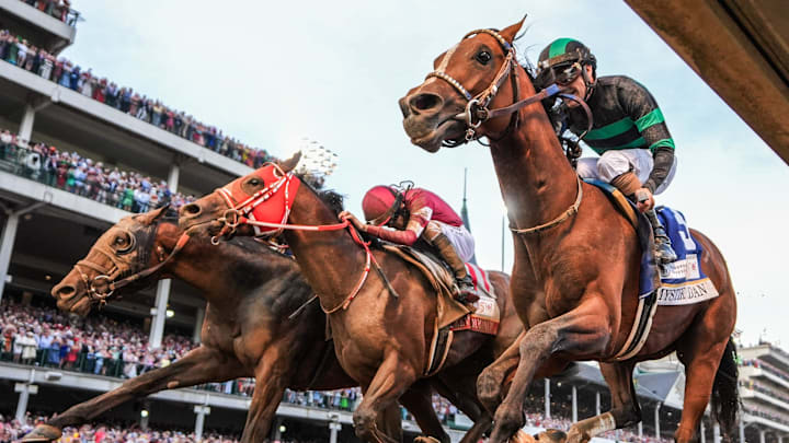 May 4, 2024: Mystik Dan, right, wins the Kentucky Derby in a photo finish.