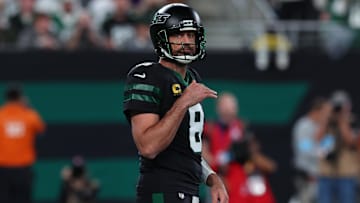 Oct 31, 2024; East Rutherford, New Jersey, USA; New York Jets quarterback Aaron Rodgers (8) during the first half of their game against the Houston Texans at MetLife Stadium. Mandatory Credit: Ed Mulholland-Imagn Images