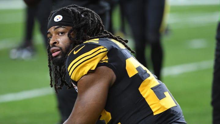 Dec 7, 2023; Pittsburgh, Pennsylvania, USA;  Pittsburgh Steelers running back Najee Harris (22) watches the field before playing the New England Patriots at Acrisure Stadium. Mandatory Credit: Philip G. Pavely-USA TODAY Sports