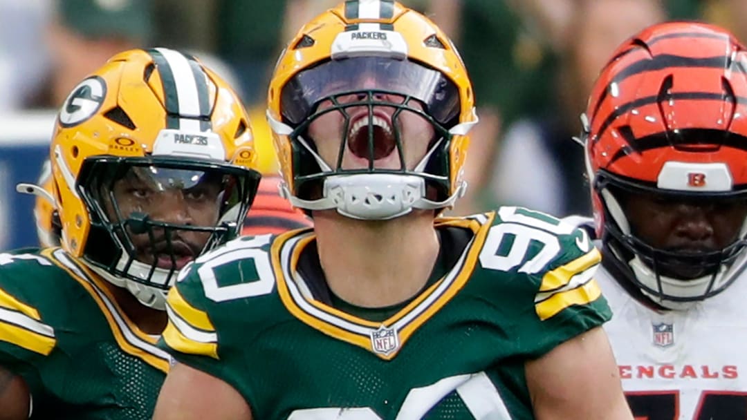 Green Bay Packers defensive end Lukas Van Ness (90) celebrates after sacking Cincinnati Bengals quarterback Joe Flacco (16) on Sunday, October 12, 2025, at Lambeau Field in Green Bay, Wis.Green Bay defeated Cincinnati 27-18.