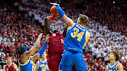Indiana's Oumar Ballo (11) is blocked byUCLA's Tyler Bilodeau (34) during the Indiana versus UCLA men's basketball game at Simon Skjodt Assembly Hall on Friday, Feb. 14, 2025.