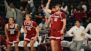 The Stanford bench watches as Benny Gealer’s three-pointer is in the air which went in and gave them the win over St. Louis University in the Acrisure Invitational Champioship game at Acrisure Arena in Palm Desert, Calif., Nov. 28, 2025.