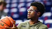 Nov 11, 2025; Tucson, Arizona, USA; Arizona Wildcats guard Bryce James (6) warms up before the start of the game against the Northern Arizona Lumberjacks at McKale Memorial Center. Mandatory Credit: Aryanna Frank-Imagn Images