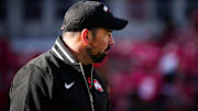 Ohio State Buckeyes head coach Ryan Day watches warm ups prior to the NCAA football game against the Michigan Wolverines at Ohio Stadium in Columbus on Saturday, Nov. 30, 2024.