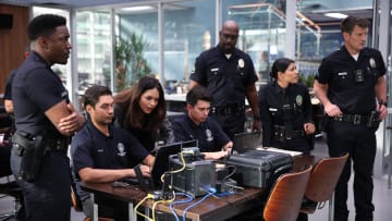 THE ROOKIE - ÒStrike BackÓ - In the aftermath of the assaults in the explosive season five finale, the team must now try to understand why they were targeted and if there is a bigger plan in place. Meanwhile, Nolan must survive his last shift before his wedding to Bailey. TUESDAY, FEB. 20 (9:00-10:00 p.m. EST), on ABC. (Disney/Raymond Liu)
TRU VALENTINO, ALYSSA DIAZ, RICHARD T. JONES, LISSETH CHAVEZ, NATHAN FILLION