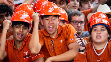 Texas fans cheer during the filming of ESPN's College Game Day, filmed at the University of Texas on the South Mall, ahead of the Longhorns' game against the Georgia Bulldogs in Austin, Oct. 19, 2024.