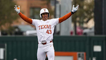 Texas Longhorns outfielder Tommy Farmer IV (43) celebrates a hit for a double during the game against Dartmouth at UFCU Disch-Falk Field on Friday, Feb. 21, 2025.
