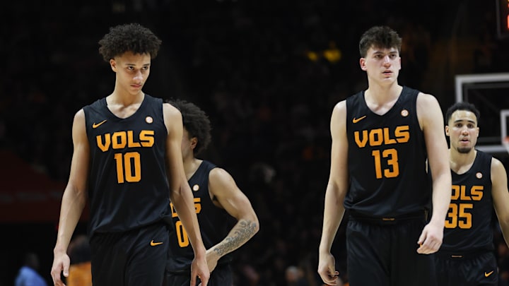 Feb 14, 2026; Knoxville, Tennessee, USA;  Tennessee Volunteers forward Nate Ament (10) and forward J.P. Estrella (13) during the second half against the Louisiana State Tigers at Thompson-Boling Arena at Food City Center. Mandatory Credit: Randy Sartin-Imagn Images
