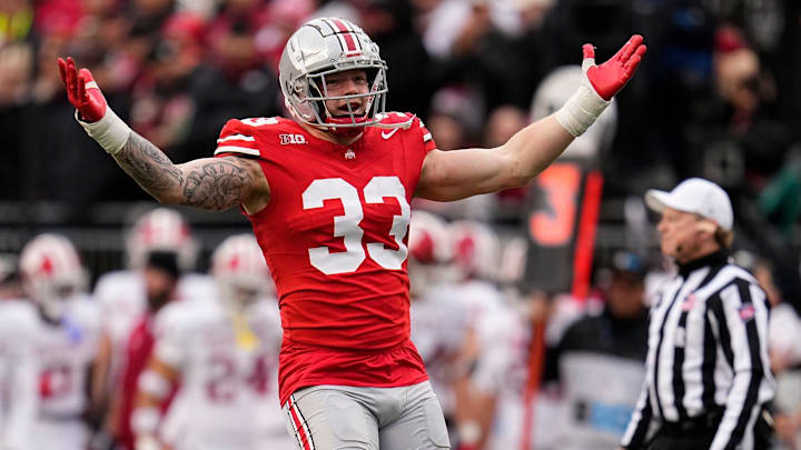 Ohio State defensive end Jack Sawyer celebrates a sack against Indiana on Nov. 23.