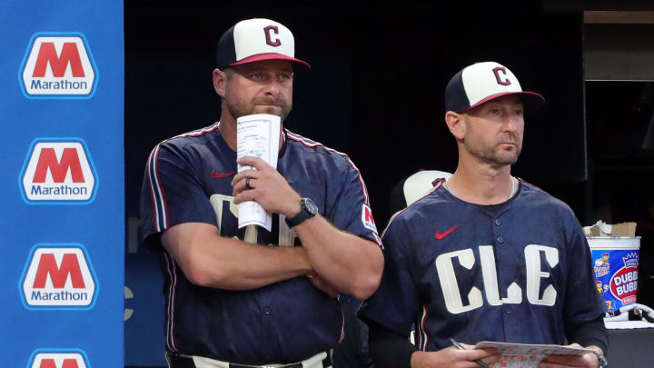 Cleveland Guardians manager Stephen Vogt, left, watches his team during the sixth inning of an MLB game at Progressive Field, Tuesday, June 18, 2024, in Cleveland, Ohio.