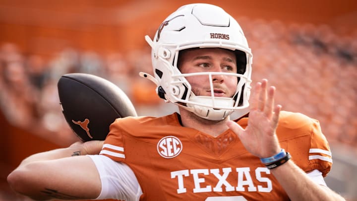 Texas Longhorns quarterback Quinn Ewers (3) warms up ahead of the Longhorns' game against the UTSA Roadrunners at Darrell K RoyalÐTexas Memorial Stadium, Saturday, Sept. 14, 2024.