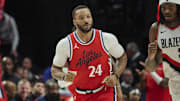 Jan 16, 2025; Portland, Oregon, USA;  LA Clippers guard Norman Powell (24) returns to defense after scoring a three point basket during the second half against the Portland Trail Blazers at Moda Center. Mandatory Credit: Troy Wayrynen-Imagn Images