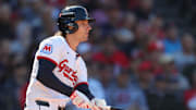Cleveland Guardians center fielder Chase DeLauter (34) watches his shot during Game 2 of the American League wild card series at Progressive Field, Oct. 1, 2025, in Cleveland, Ohio.