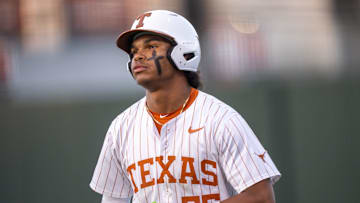Texas outfielder Jonah Williams (55) stands on first base during the Longhorns' game against Louisville at UFCU Disch-Falk Field in Austin, Tuesday, May 6, 2025.