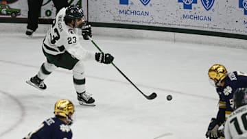 MSU's Shane Vansaghi shoots and scores against Notre Dame, Saturday, Nov. 15, 2024, at Munn Ice Arena. MSU won 4-3 to sweep the series.