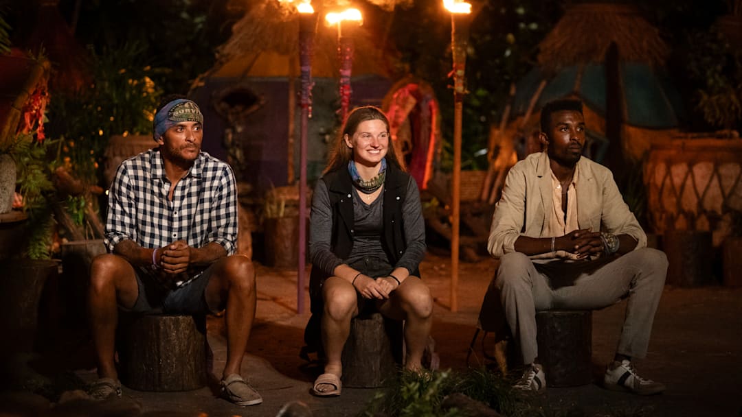 Joe Hunter, Eva Erickson, and Kyle Fraser sitting at the final tribal council on SURVIVOR, Wednesday, May 21.