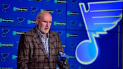 Feb 18, 2020; St. Louis, Missouri, USA;  St. Louis Blues general manager Doug Armstrong talks with the media about the acquisition of defenseman Marco Scandella from the Montreal Canadians prior to a game against the New Jersey Devils at Enterprise Center. Mandatory Credit: Jeff Curry-Imagn Images