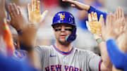 Sep 27, 2025; Miami, Florida, USA; New York Mets first baseman Pete Alonso (20) celebrates his solo home run against the Miami Marlins in the third inning at loanDepot Park. Mandatory Credit: Jim Rassol-Imagn Images