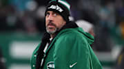 Jan 5, 2025; East Rutherford, New Jersey, USA; New York Jets quarterback Aaron Rodgers (8) during the third quarter of their game against the Miami Dolphins at MetLife Stadium. Mandatory Credit: Ed Mulholland-Imagn Images