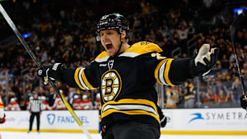 Hampus Lindholm celebrates against the Calgary Flames