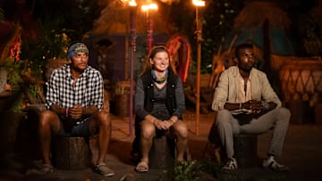 Joe Hunter, Eva Erickson, and Kyle Fraser sitting at the final tribal council on SURVIVOR, Wednesday, May 21.