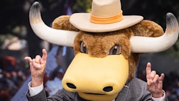 Oct 19, 2024; Austin, Texas, USA; Lee Corso wears the head of Texas Longhorns' mascot Hookn'Em after picking Texas to win during ESPN's College Game Day, filmed at the University of Texas on the South Mall, ahead of the Longhorns' game against the Georgia Bulldogs.